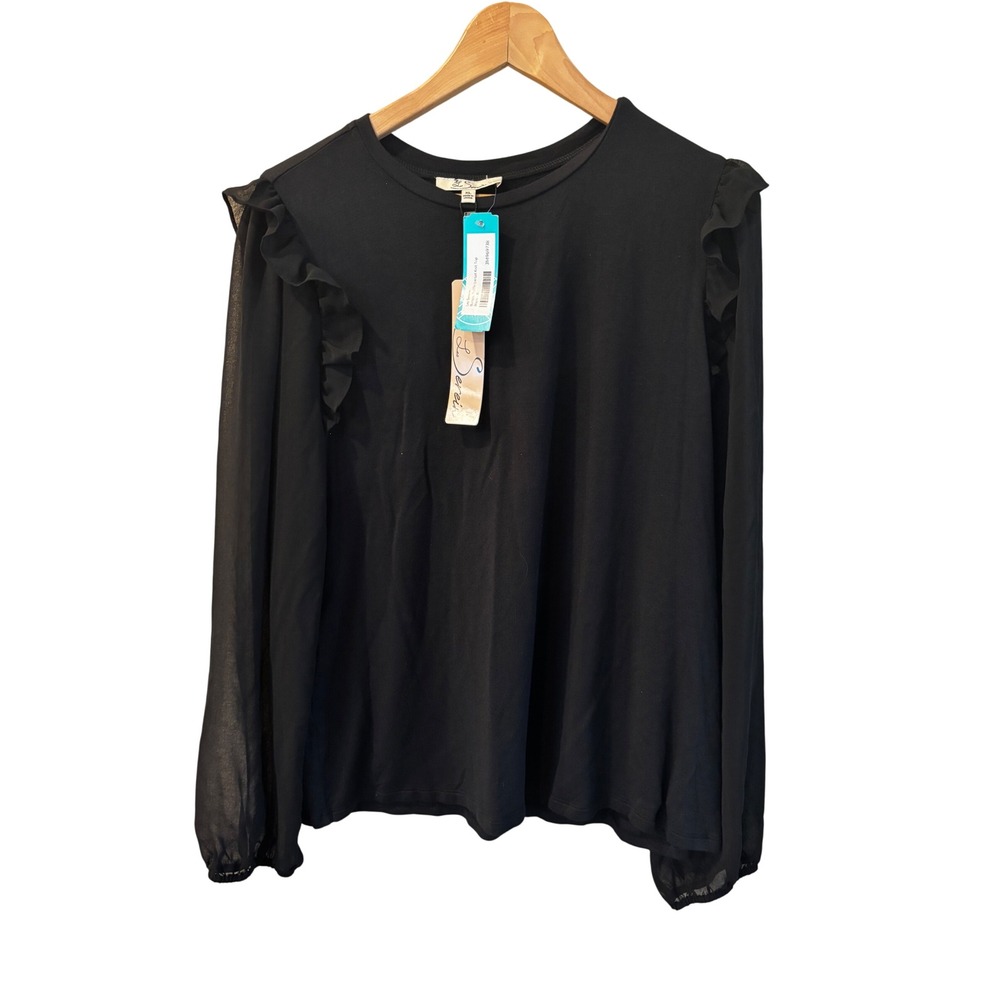 Le Serein Womens Black Ruffle Shoulder Sheer Long Sleeve Blouse Top XL NEW